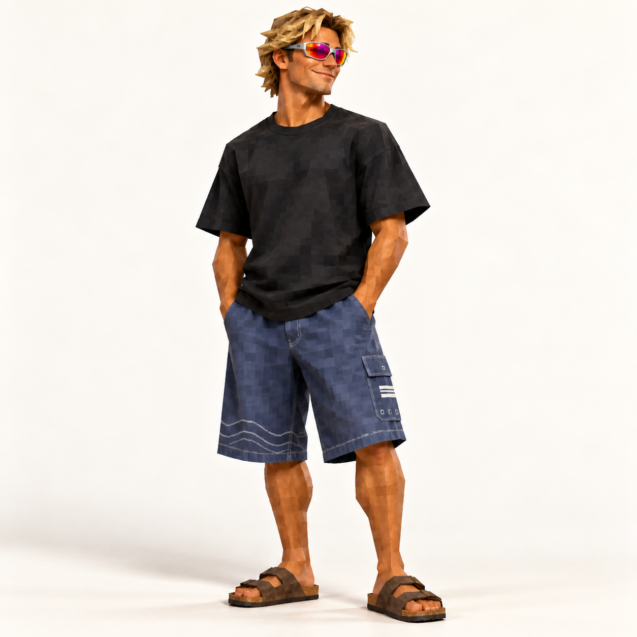 OFFSHORE's tan, shaggy blonde Australian character wearing Afterburn sunglasses, a black tee, board shorts and sandals